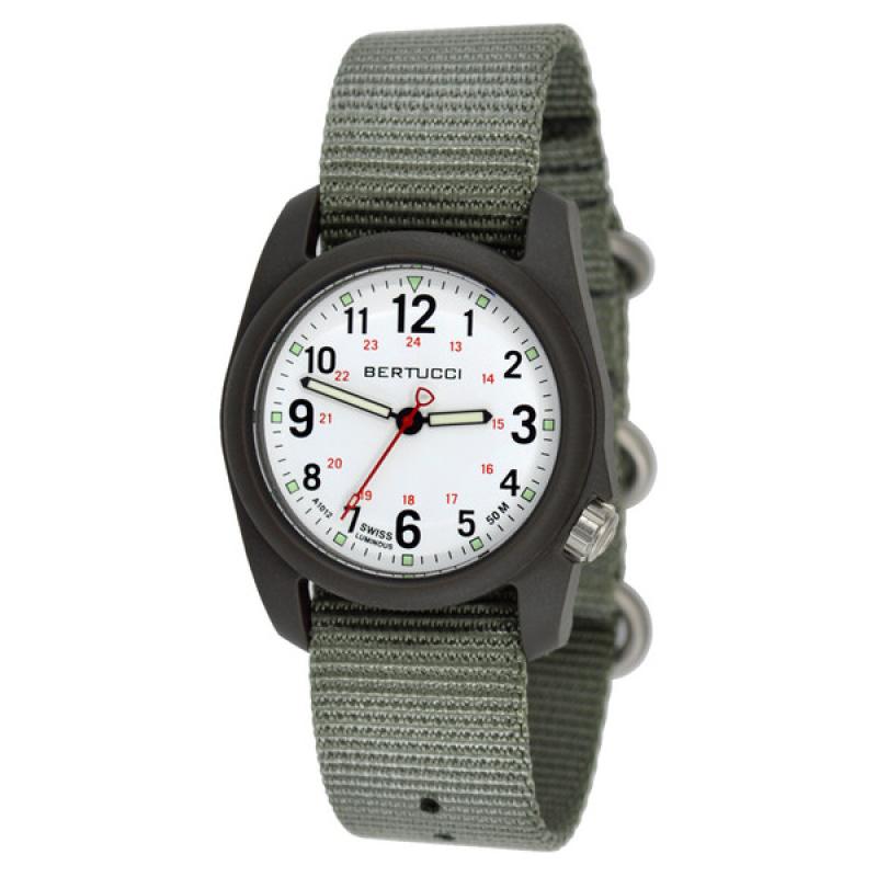Bertucci DX3 Field Resin Watch, Defender Drab Nylon Strap, White Dial