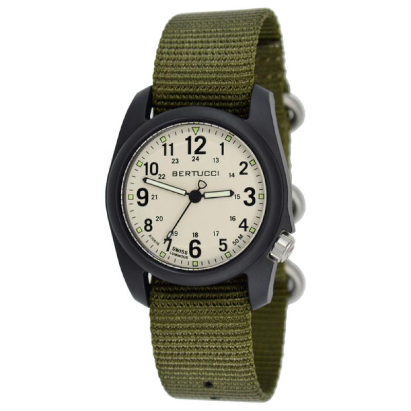 Bertucci DX3 Field Resin Watch, Olive Green Nylon Strap, White Dial