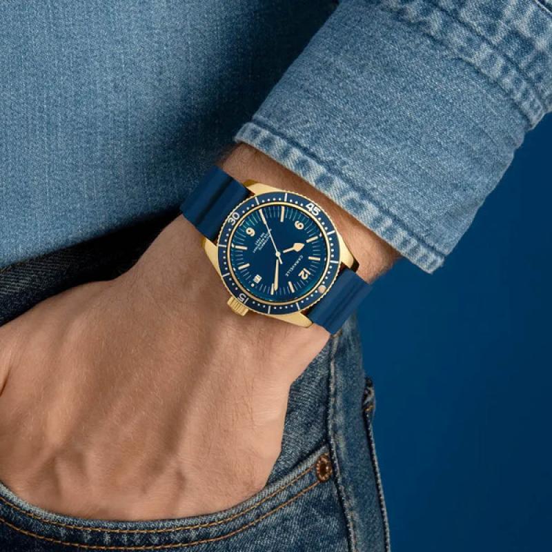 Caravelle Sea Hunter Automatic Goldtone Watch with Blue Dial
