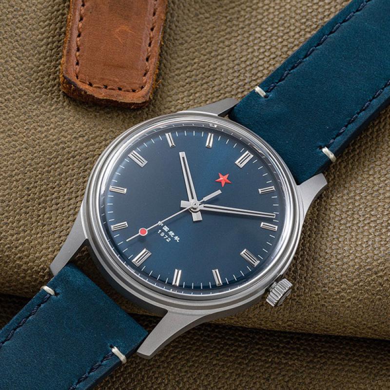 Red Star 3-Hand Dress Watch with Blue Dial and Mechanical Movement