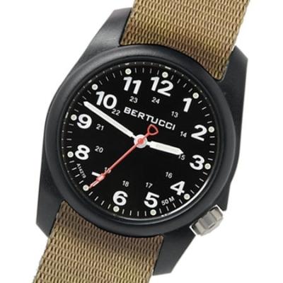 Bertucci A-1R Field Comfort watch with fiber reinforced polycarbonate Unibody case, Khaki Nylon Strap, Black Dial