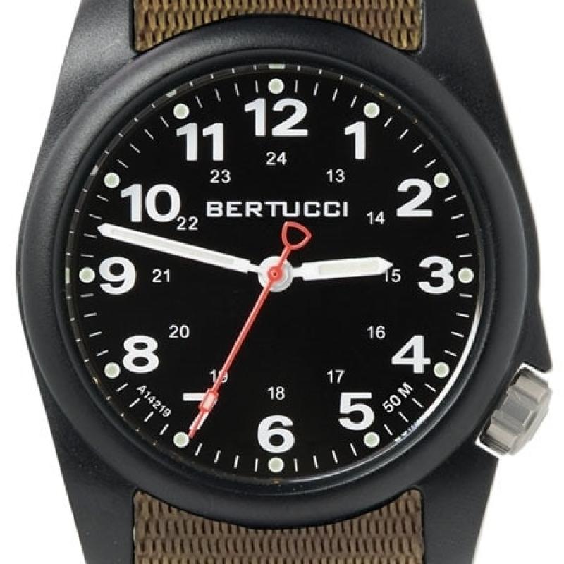 Bertucci A-1R Field Comfort watch with fiber reinforced polycarbonate Unibody case, Khaki Nylon Strap, Black Dial