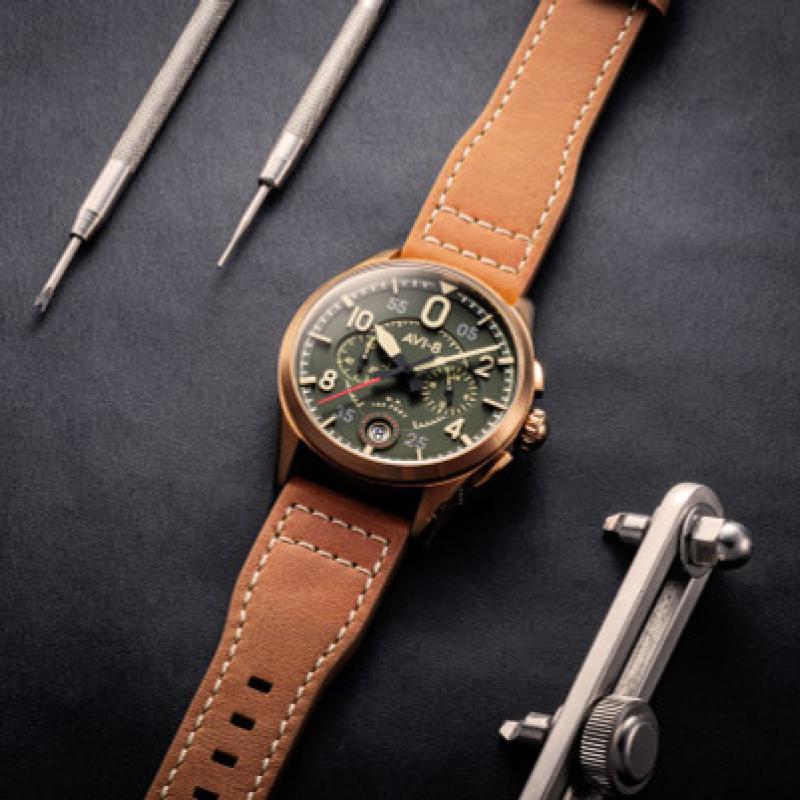AVI-8 Spitfire Lock Chronograph, Bronze Green, Japanese Meca-Quartz Chronograph, Green Dial, Leather Strap