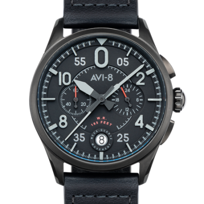 AVI-8 Spitfire Lock Chronograph, Slate Black, Japanese Meca-Quartz Chronograph, Black Dial, Leather Strap
