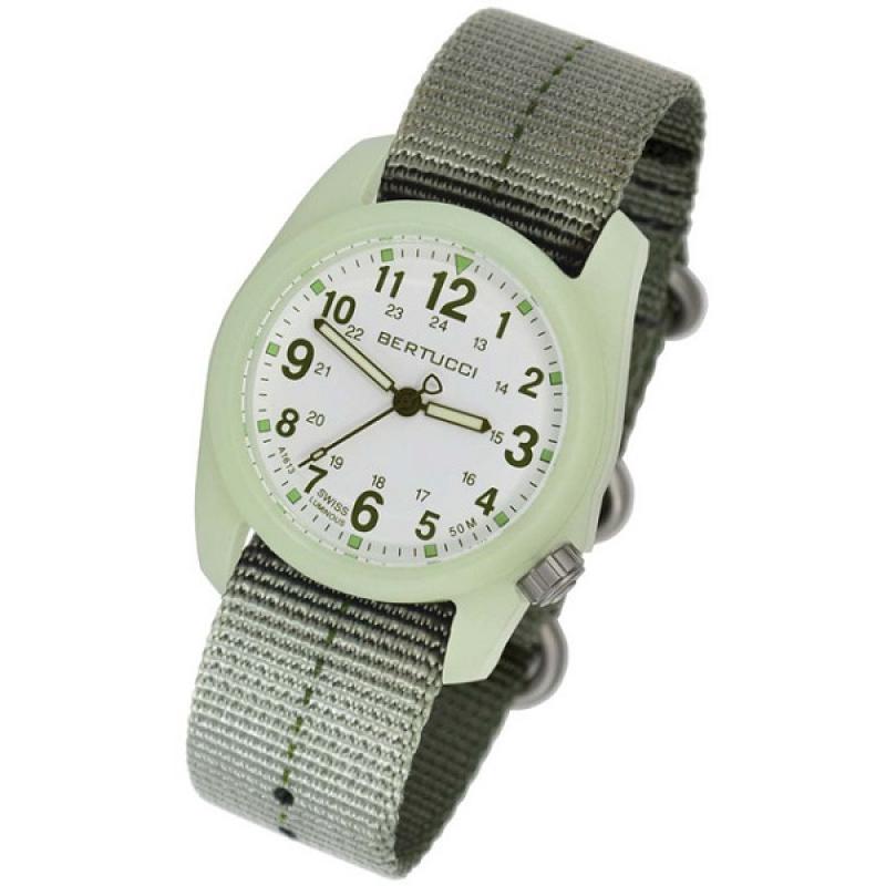 Bertucci DX3 Luminous Resin Watch, Olive Green Nylon Strap, White Dial
