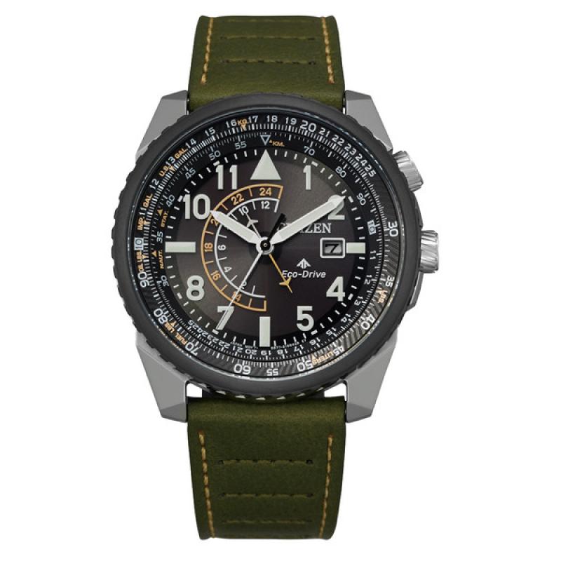 Citizen Eco-Drive Nighthawk with Black Dial and Green Leather Strap