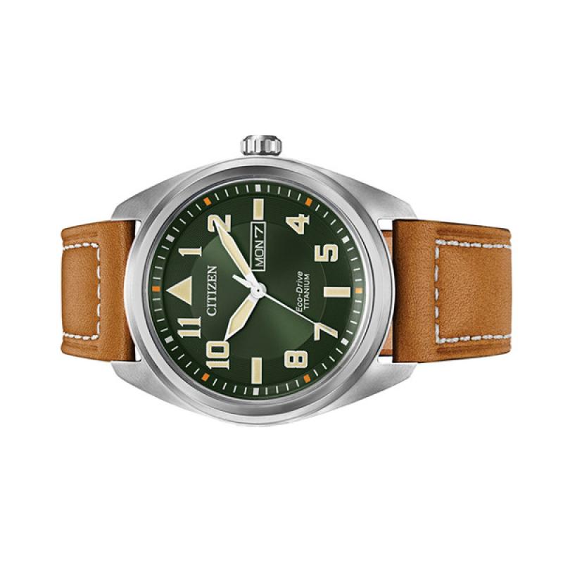 Citizen Eco-Drive Garrison Titanium Watch with Green Dial and Leather Strap