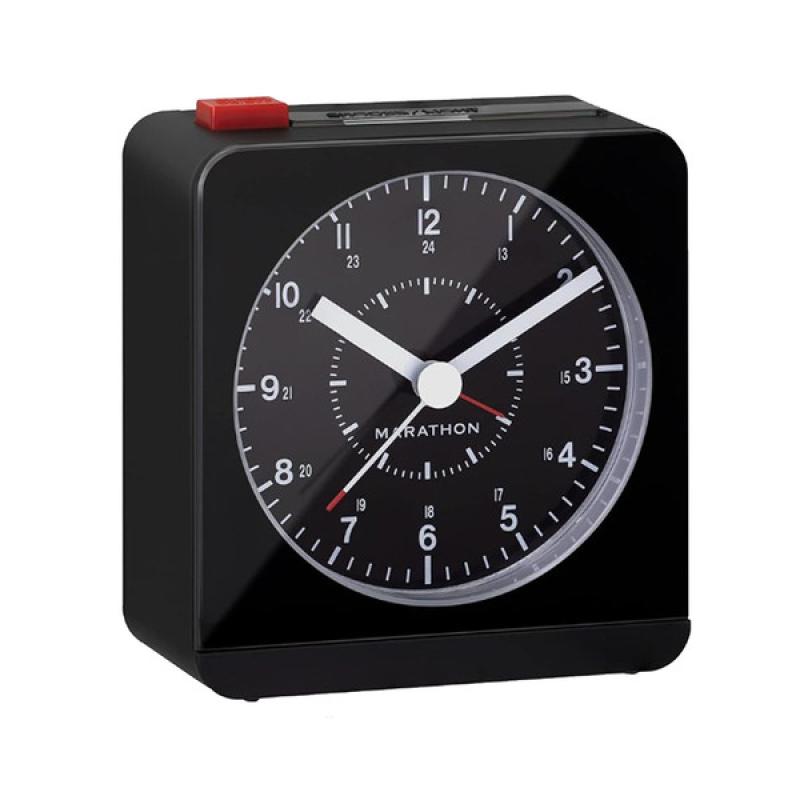 Marathon Alarm Clock with Black Case and Black Dial, Auto-Sensing Night Light
