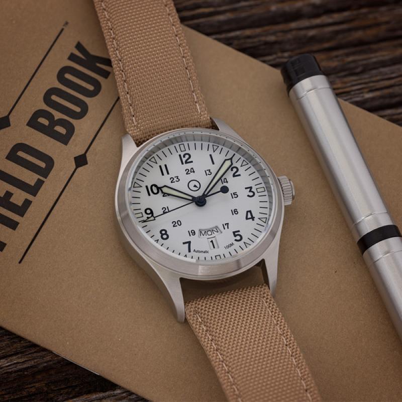 Islander Mitchel "DAY-T" Automatic Field Watch with White Dial and Day-Date Display