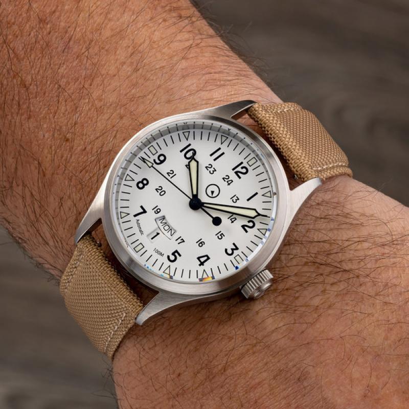 Islander Mitchel "DAY-T" Automatic Field Watch with White Dial and Day-Date Display